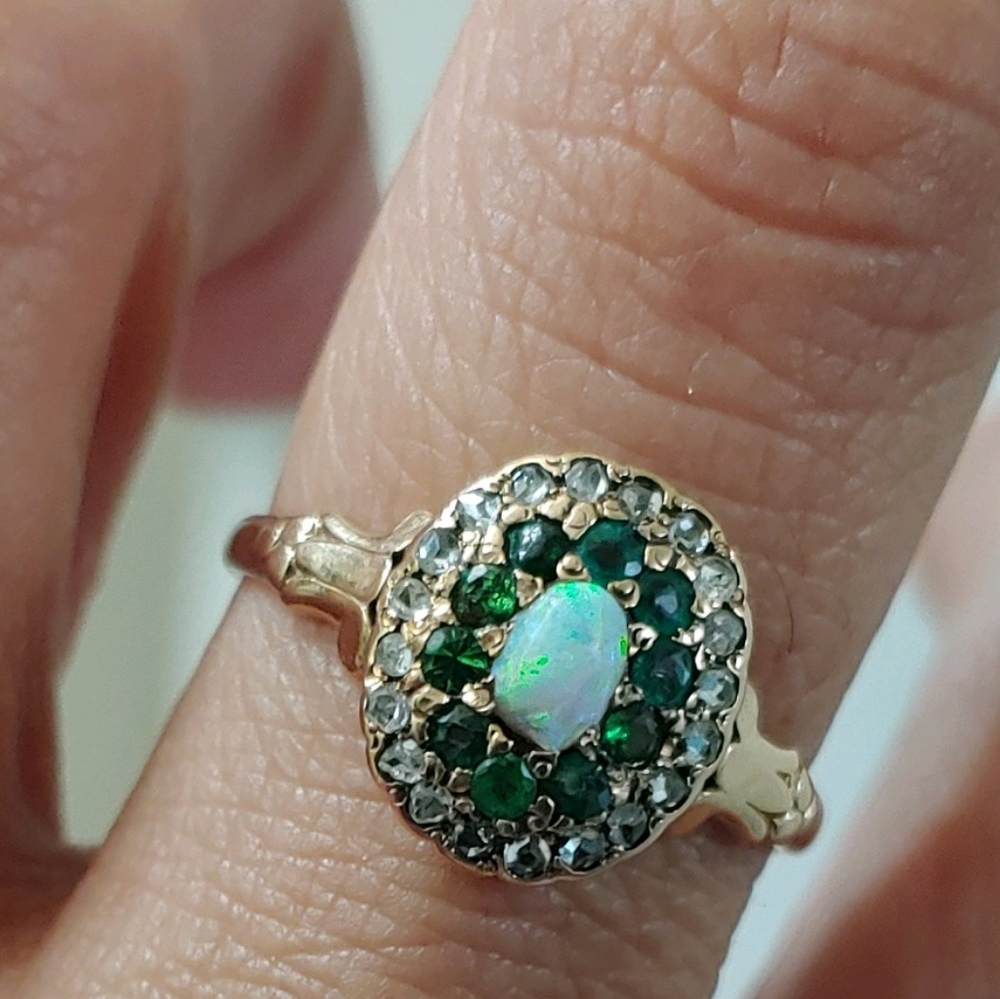 sale!  antique  10k rose cut diamond opal tsvarite garnet? emerald ring
